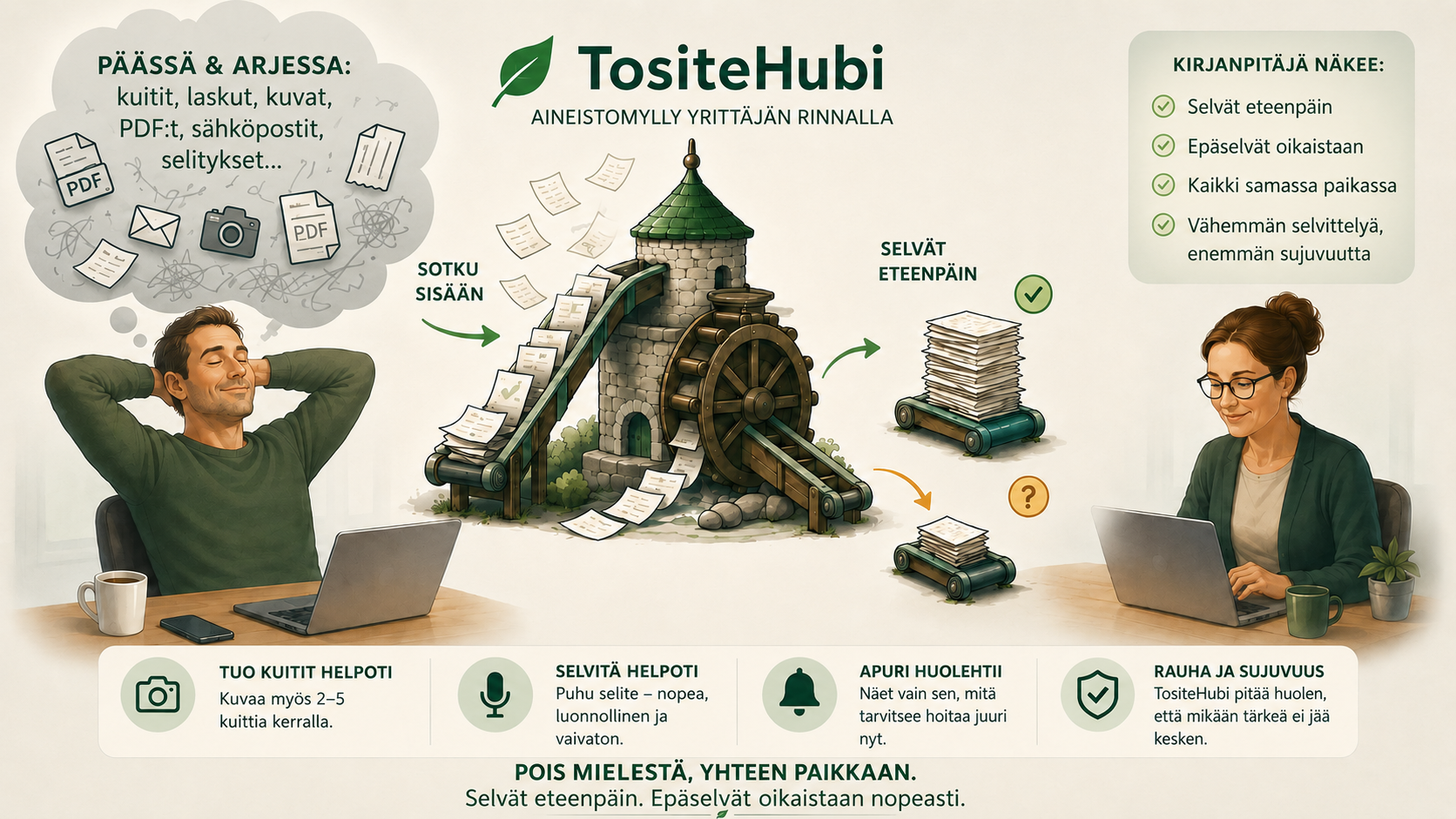 Yrittäjän aineistopilvi siirtyy TositeHubiin ja kirjanpitäjä näkee selvät sekä selvitettävät asiat